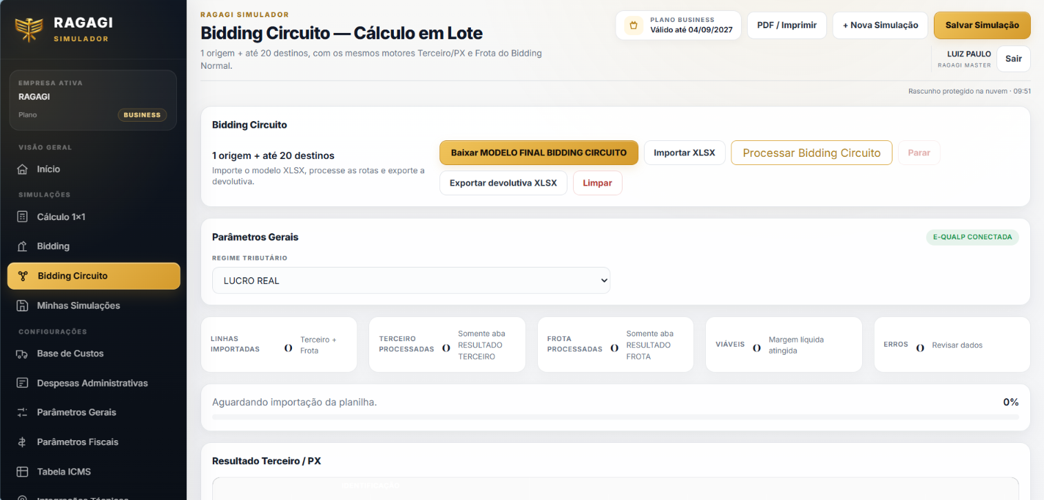 Tela real de Bidding Circuito, cálculo em lote