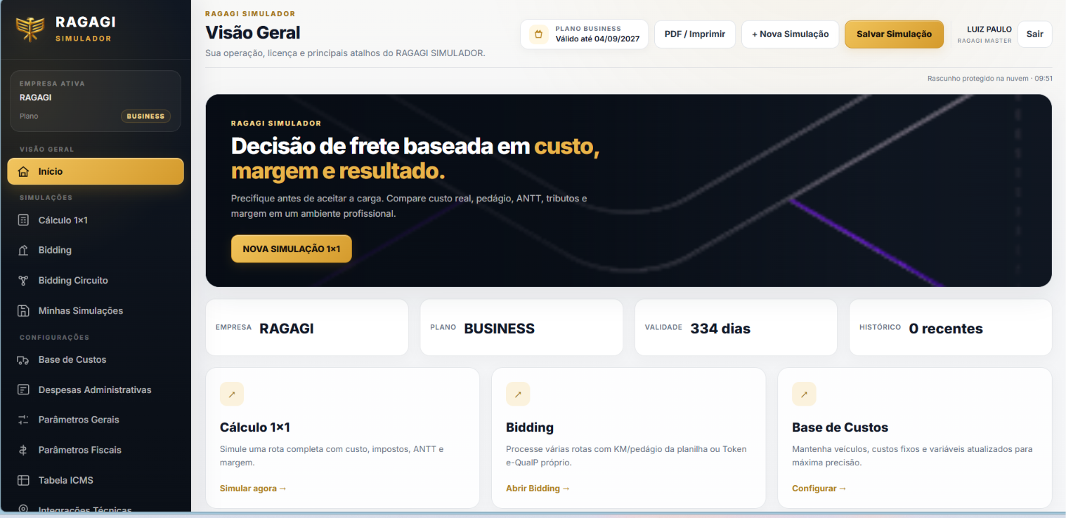 Tela real do Simulador PRO, visão geral