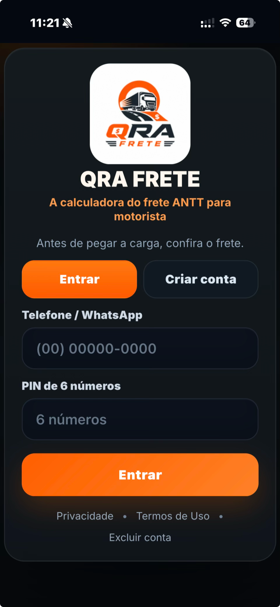 Tela inicial completa de acesso ao QRA FRETE em iPhone, com campos vazios